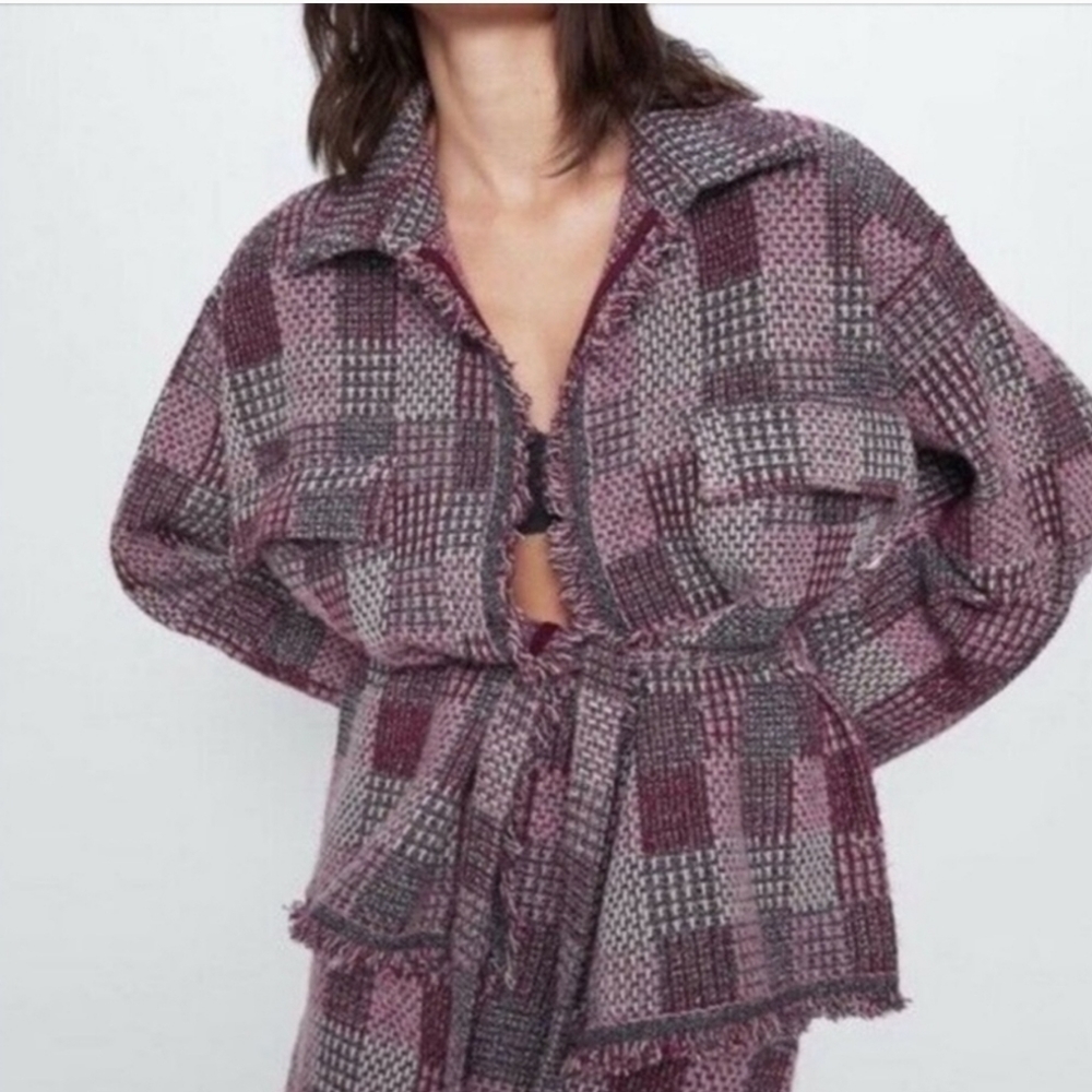 Zara Over Shirt Womens Medium Pink Check Plaid Knit  Jacket Belted Frayed Trim